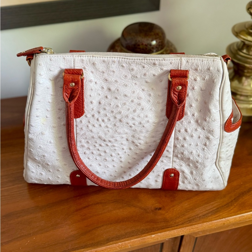 Lauren Merkin Ostrich Cream & Brown Paige Purse Handbag Excellent Condition RARE
